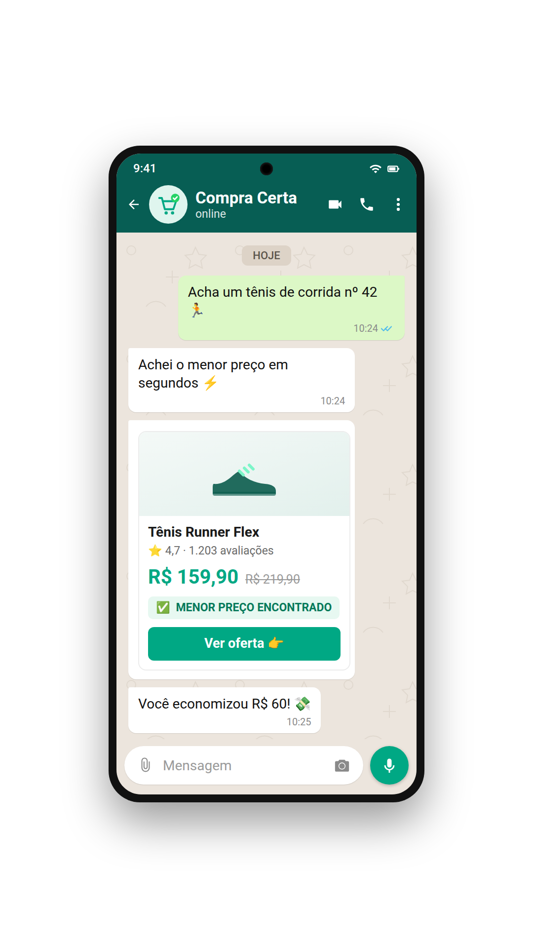 Celular mostrando uma busca individual por tênis em conversa privada com o bot do Compra Certa